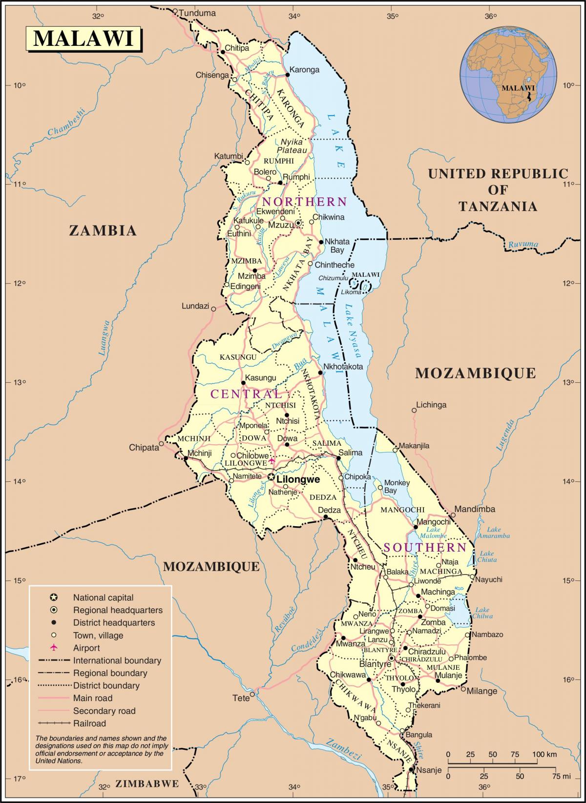 mapa Malawi z obrazem dróg